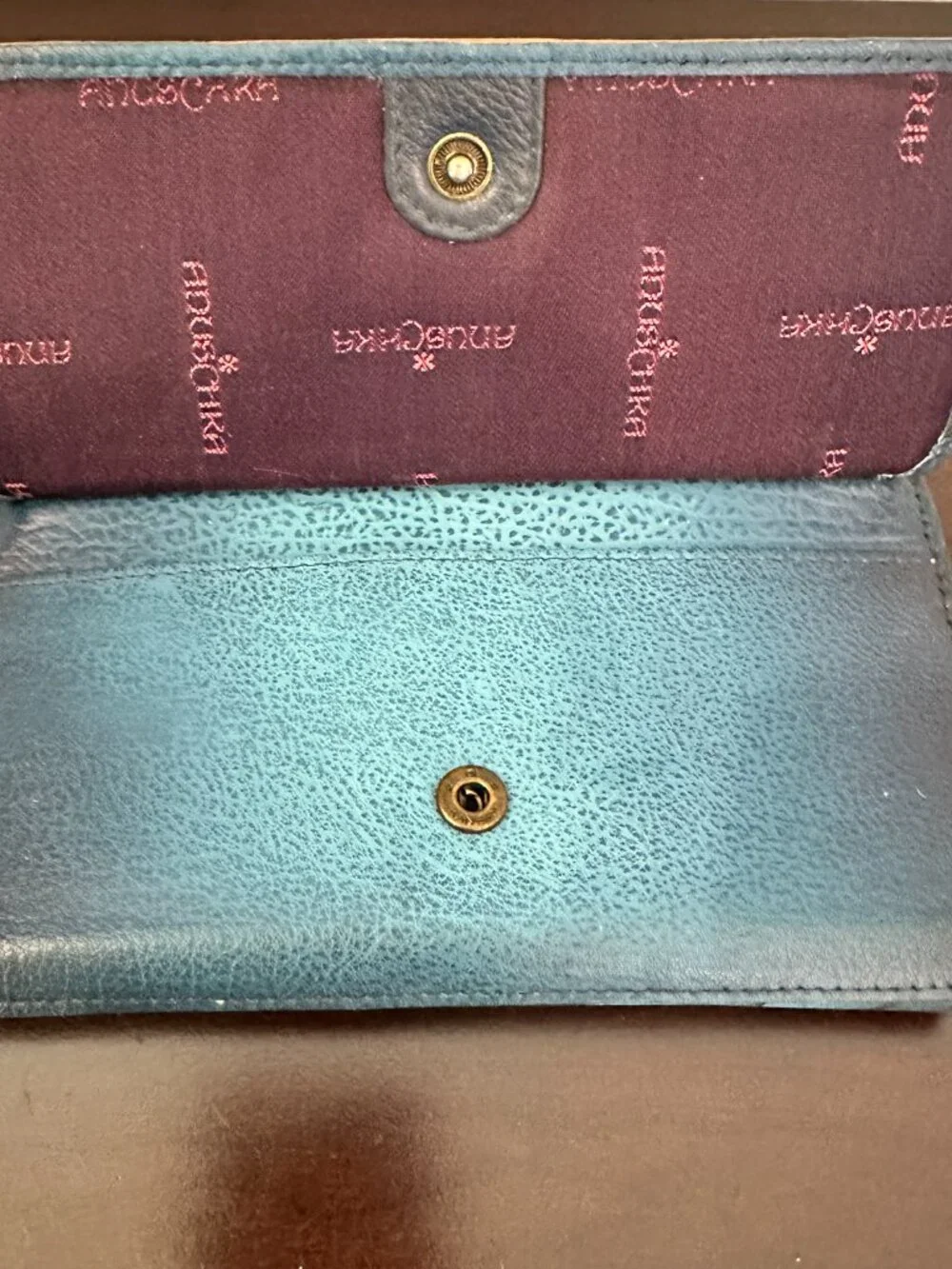 ANUSHKA Aqua Blue Leather Hand-Painted Butterfly & Floral Organizer Wallet